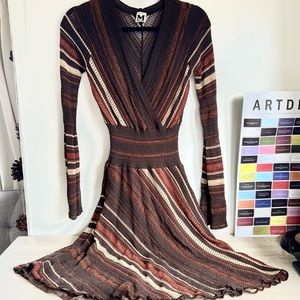 Missoni Vintage Metallic Striped Open Knit Bell Sleeve Fit and Flare Mini Dress